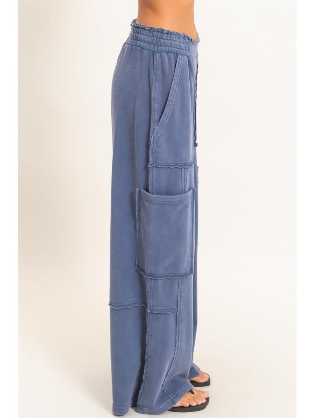 CloudDwellers Navy Blue Mineral Washed Cotton Blend Wide Leg Cargo Sweatpants - Picture 3 of 5